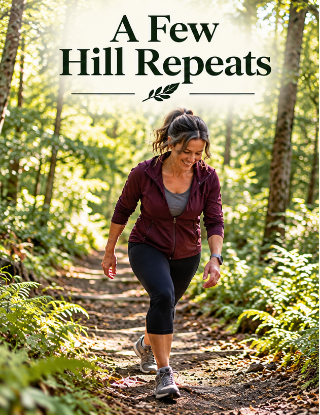 A woman walks uphill on a sunlit wooded trail surrounded by ferns and trees. Embedded title reads “A Few Hill Repeats.”