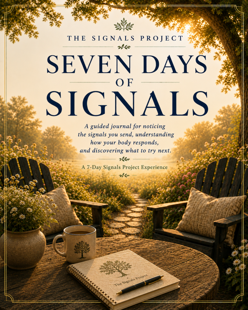 Cover of Seven Days of Signals, a guided journal from The Signals Project, featuring two wooden garden chairs, a flower-lined path, and a notebook on a rustic table in warm golden light.