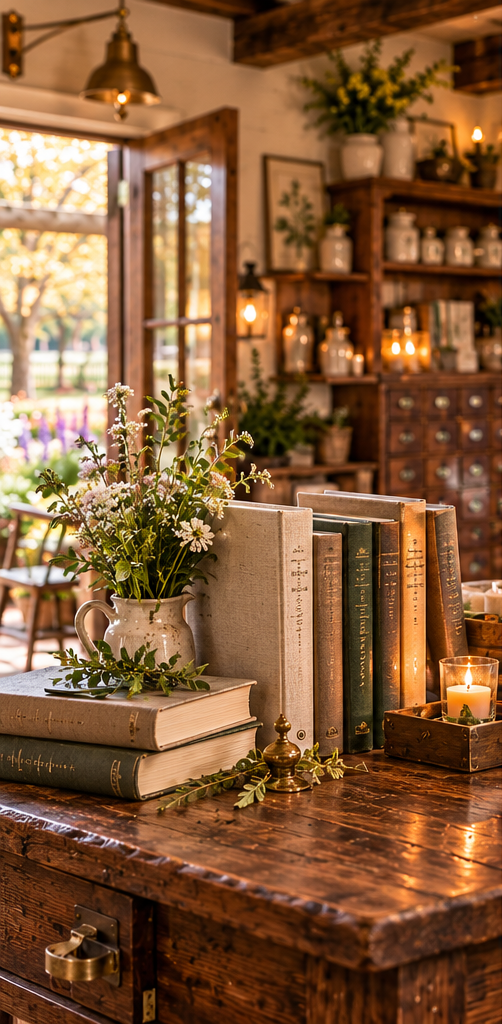 A collection of hardcover books arranged on a rustic wooden counter with fresh flowers and a candle, inside the warmly lit Mercantile.