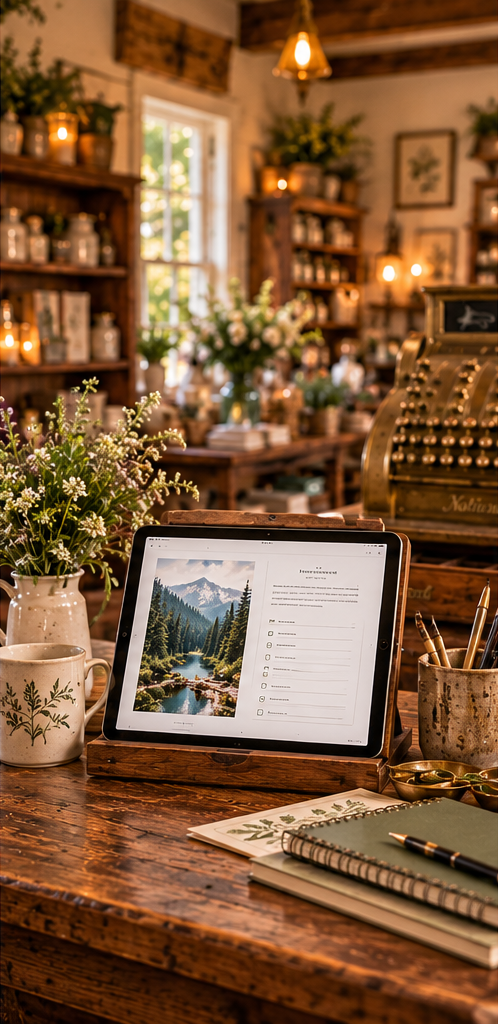 A tablet displaying a digital guide on a wooden counter, surrounded by flowers and stationery, with vintage wooden shelves and a brass cash register in the background.