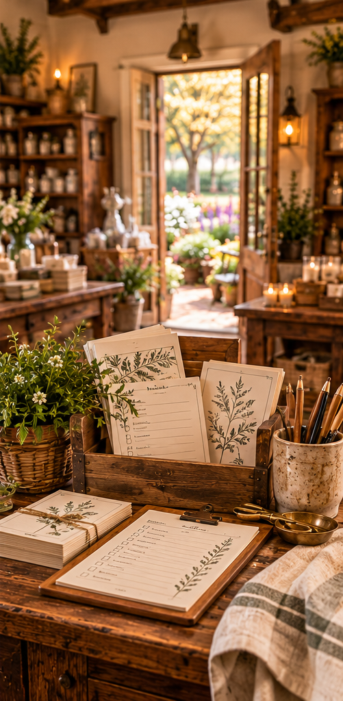 Printable checklists, reference cards, and pencils arranged on a rustic wooden counter, with flowers, vintage shelving, and an open garden doorway in the background.