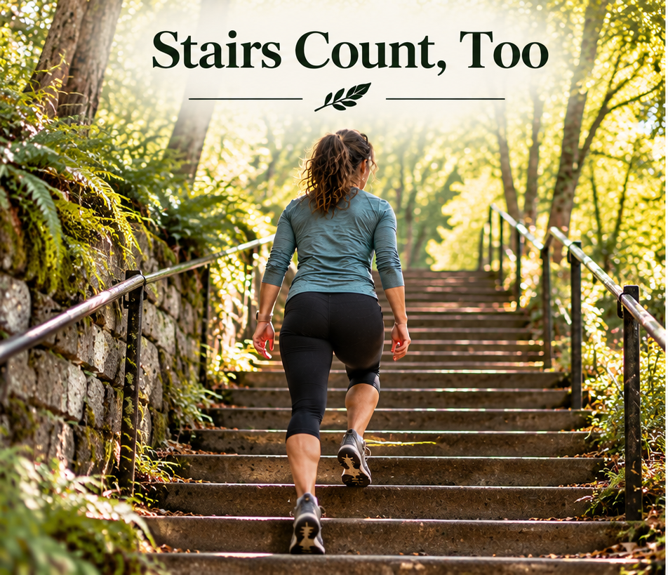 A dark-haired woman climbs a long outdoor staircase with handrails, surrounded by sunlit trees and greenery. Embedded title reads “Stairs Count, Too.”