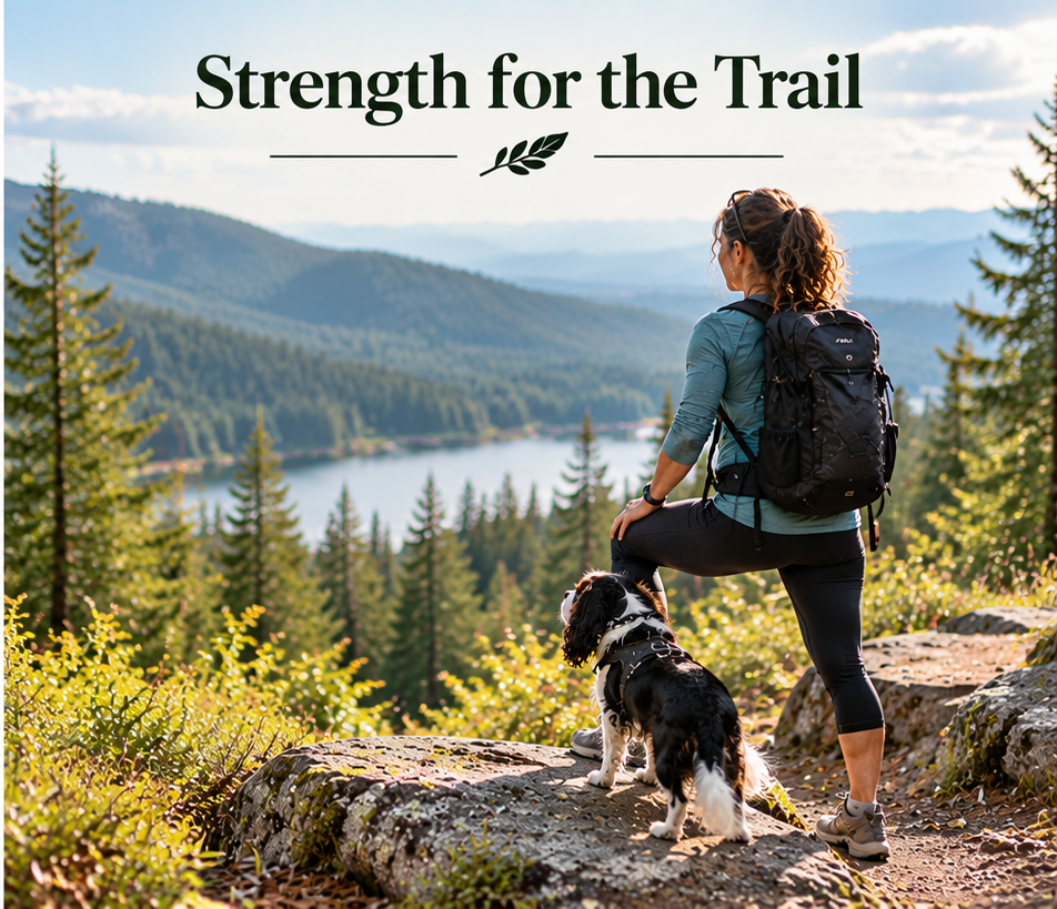 A dark-haired woman with a backpack stands beside a tricolor Cavalier King Charles Spaniel at a rocky overlook, looking across forested mountains and a lake. Embedded title reads “Strength for the Trail.”