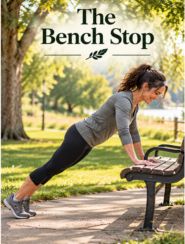 A woman performs an incline push-up using a sturdy park bench in a leafy public park. Embedded title reads “The Bench Stop.”