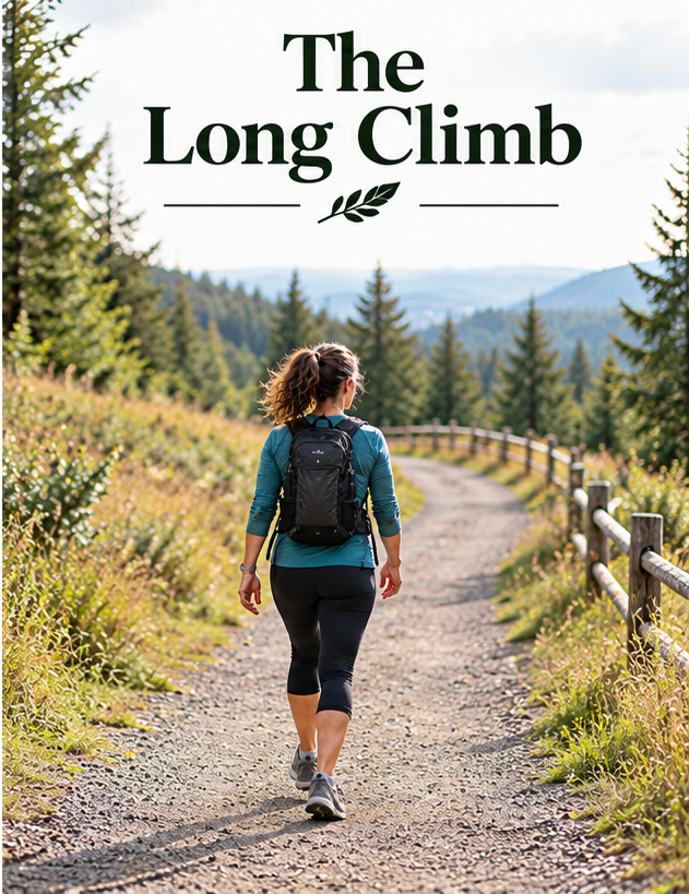 A woman walks up a long gravel path bordered by a wooden fence, with forested hills in the distance. Embedded title reads “The Long Climb.”